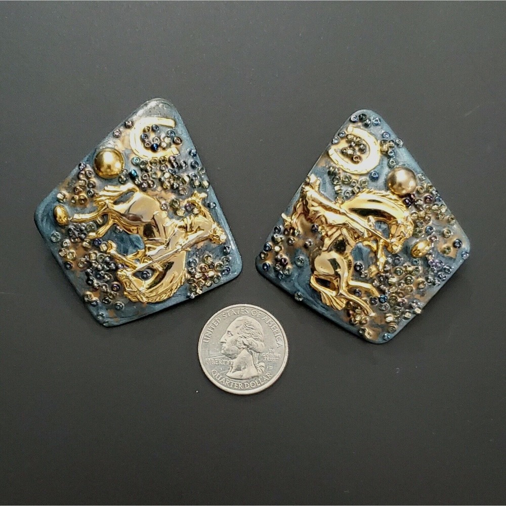 Rodeo Horse Cowboy Earrings OOAK One-of-a-Kind Vintage Enamel Art Earrings - Picture 3 of 7
